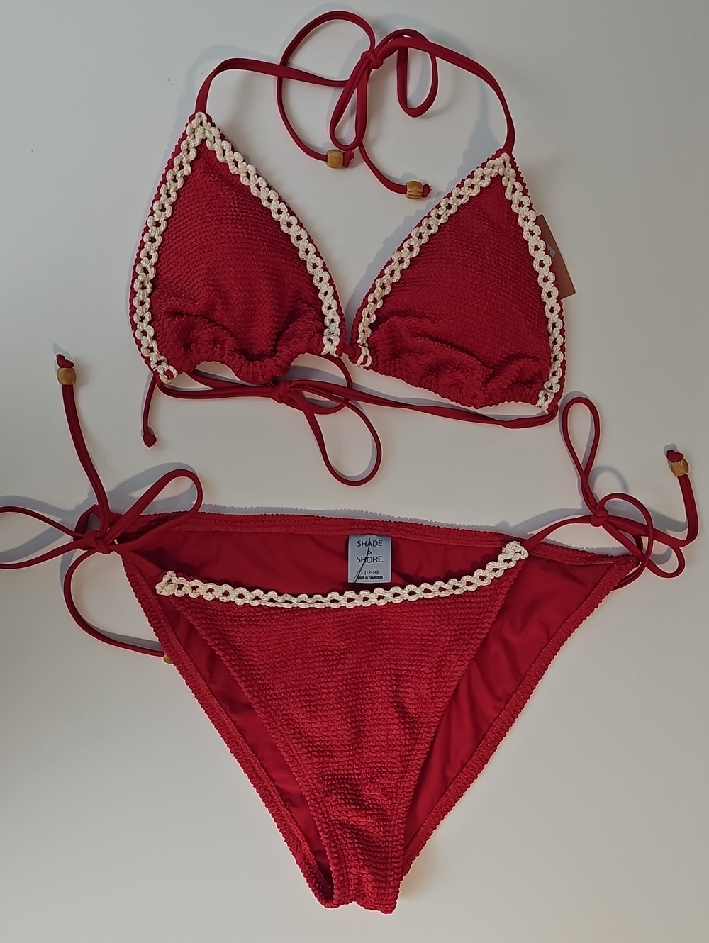 Shade & Shore Women's L Pucker Fuschia Colored Crochet-Trim Triangle Bikini Set
